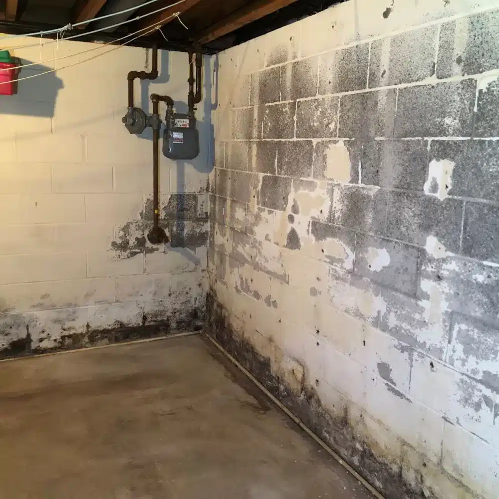 Efflorescence and moisture damage on basement cinder block wall indicating need for waterproofing